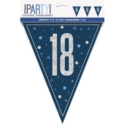 Navy Blue 18 Bunting Banner 9 Flags | Holographic Foil Triangle Flag 18th Birthday Decoration 2.74m