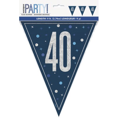 Navy Blue 40 Bunting Banner 9 Flags | Holographic Foil Triangle Flag 40th Birthday Decoration 2.74m