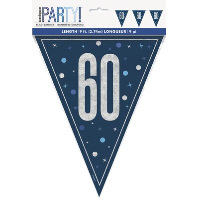 Navy Blue 60 Bunting Banner 9 Flags | Holographic Foil Triangle Flag 60th Birthday Decoration 2.74m