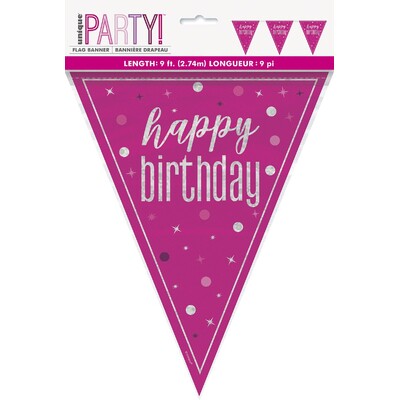 Magenta Pink Happy Birthday Bunting Banner 9 Flags | Holographic Foil Triangle Flag Decoration 2.74m