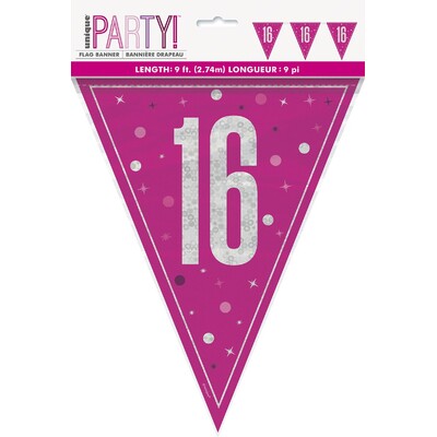 Magenta Pink 16 Bunting Banner 9 Flags | Holographic Foil Triangle Flag 16th Birthday Decoration 2.74m