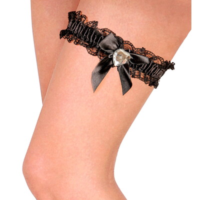 Black Satin Lace Leg Garter with Heart Gem Costume Accessory