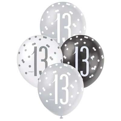 Pearl Black Silver White Number 13 AOP Latex Balloons 12in 30cm (Pk 6)