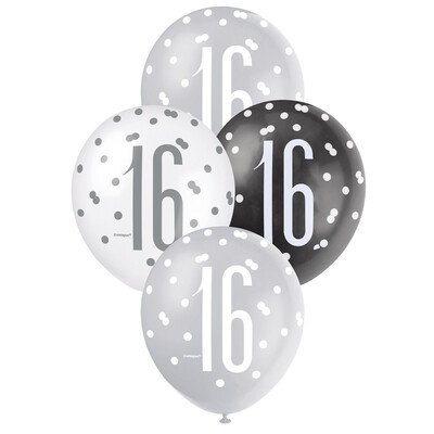 Pearl Black Silver White Number 16 AOP Latex Balloons 12in 30cm (Pk 6)