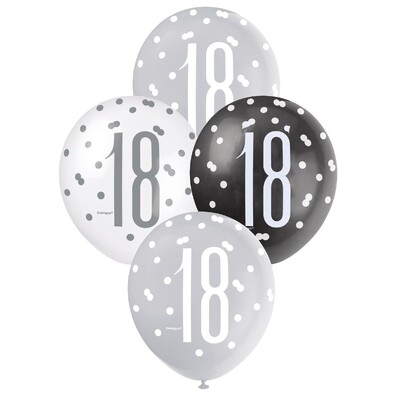 18th Birthday Pearl Metallic Latex Balloons 30cm Black Silver & White Pack of 6 | Helium Quality
