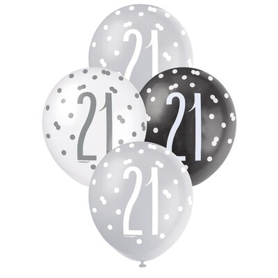 21st Birthday Pearl Metallic Latex Balloons 30cm Black Silver & White Pack of 6 | Helium Quality