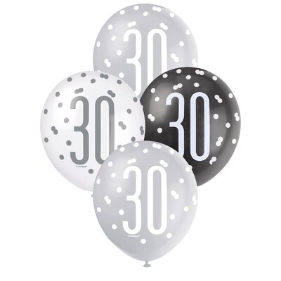30th Birthday Pearl Metallic Latex Balloons 30cm Black Silver & White Pack of 6 | Helium Quality