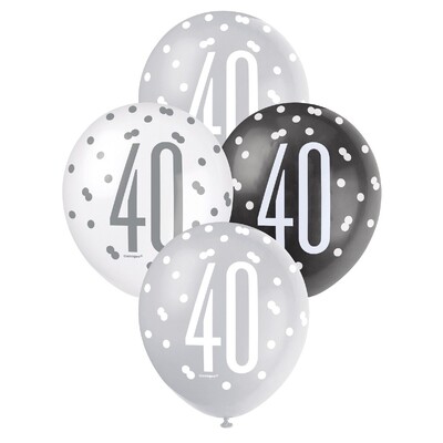 40th Birthday Pearl Metallic Latex Balloons 30cm Black Silver & White Pack of 6 | Helium Quality