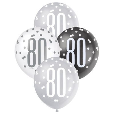 Metallic Black & Silver Number 80 Latex Balloons 30cm (Pk 6)