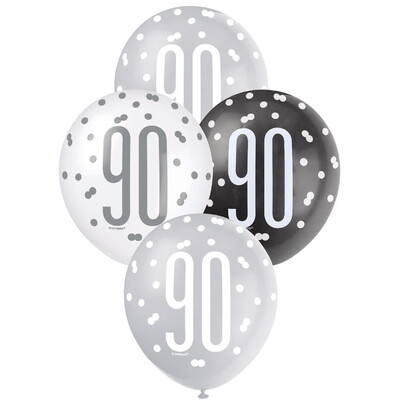 Black Silver White Number 90 Latex Balloons 30cm Pk 6