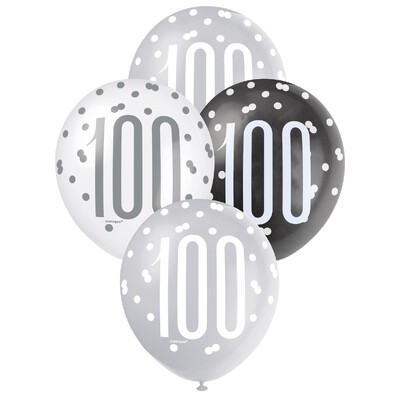 Metallic Black & Silver Number 100 Latex Balloons 30cm (Pk 6)