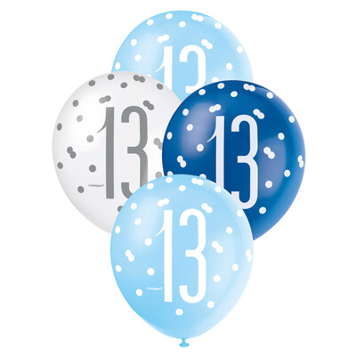 Pearl Blue & White Number 13 AOP Latex Balloons 12in 30cm (Pk 6)