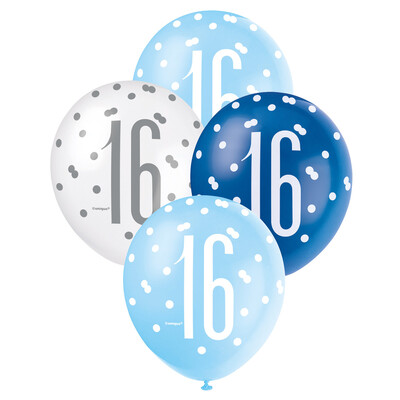 Pearl Blue & White Number 16 AOP Latex Balloons 12in 30cm (Pk 6)