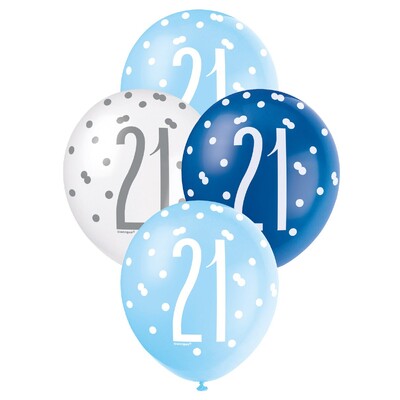 21st Birthday Pearl Metallic Latex Balloons 30cm Blue & White Pack of 6 | Helium Quality