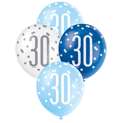 30th Birthday Pearl Metallic Latex Balloons 30cm Blue & White Pack of 6 | Helium Quality