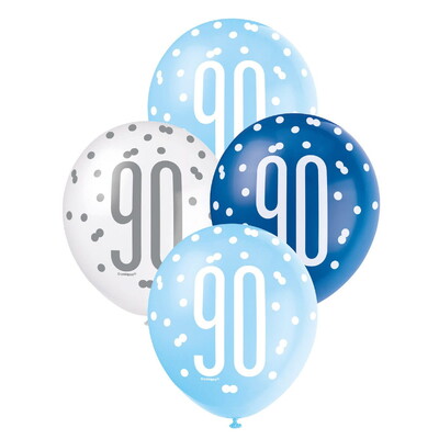 Metallic Blues & White Number 90 Latex Balloons 30cm Pk 6