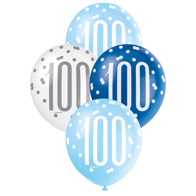 Metallic Blues & White Number 100 Latex Balloons 30cm (Pk 6)