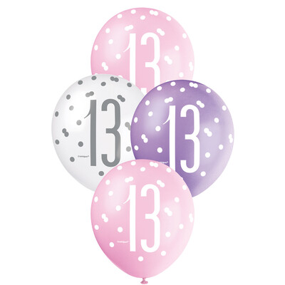 Pearl Pink Purple White Number 13 AOP Latex Balloons 12in 30cm (Pk 6)