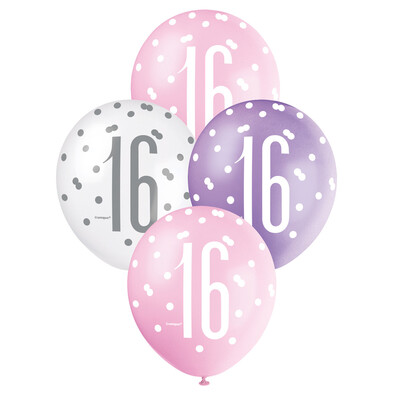 Pearl Pink Purple White Number 16 AOP Latex Balloons 12in 30cm (Pk 6)