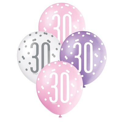 30th Birthday Pearl Metallic Latex Balloons 30cm Purple Pink & White Pack of 6 | Helium Quality