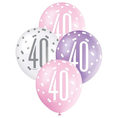 40th Birthday Pearl Metallic Latex Balloons 30cm Purple Pink & White Pack of 6 | Helium Quality
