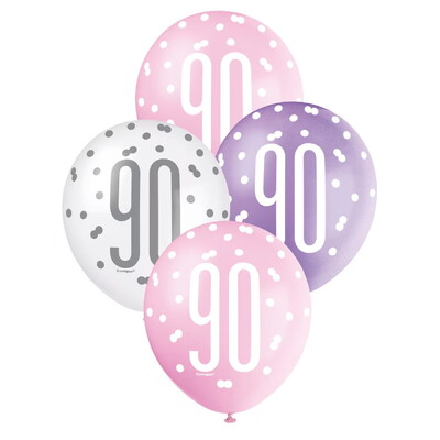 Pink Purple White Number 90 Latex Balloons 30cm Pk 6