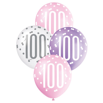 Pearl Pink Purple White Number 100 Latex Balloons 30cm (Pk 6)