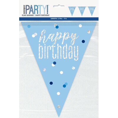 Light Blue Happy Birthday Bunting Banner 9 Flags | Holographic Foil Triangle Flag Decoration 2.74m