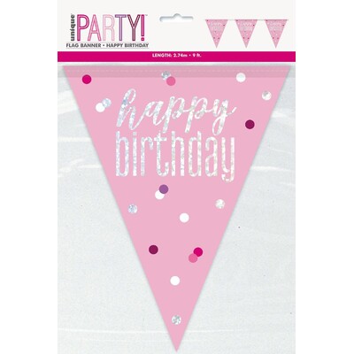 Light Pink Happy Birthday Bunting Banner 9 Flags | Holographic Foil Triangle Flag Decoration 2.74m