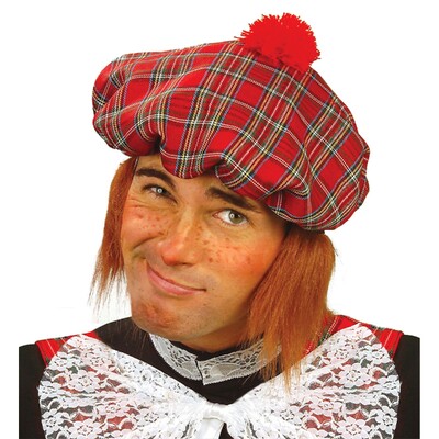 Scottish Tartan Hat with Hair | Beret Style Scottish Fancy Dress Costume Hat