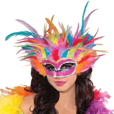 Pink Masquerade Eye Mask with Rainbow Feathers Pk 1