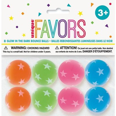 Party Favours - Assorted Colour Glow in the Dark Bounce Balls Pk 8