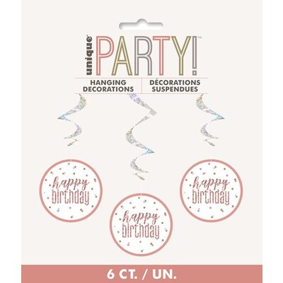 Prismatic Silver & Rose Gold Happy Birthday Hanging Swirl Decoration Pk 6