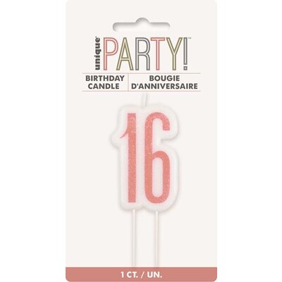 Rose Gold Glittery Number 16 Cake Candle Pk 1