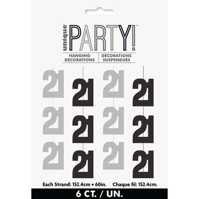Black & Silver 21 Hanging String Decorations 6 Pack | Prismatic Foil 21st Birthday Decorations