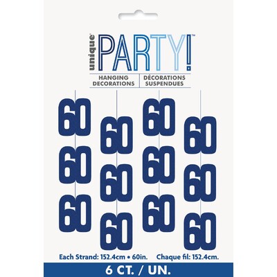 Blue 60 Hanging String Decorations 6 Pack | Prismatic Foil 60th Birthday Decorations