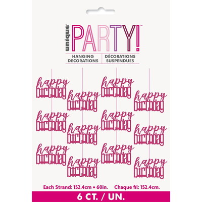 Pink Happy Birthday Hanging String Decoration Pk 6