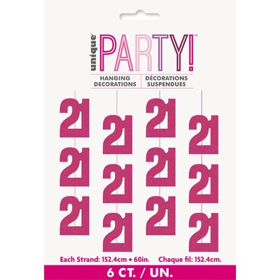 Pink 21 Hanging String Decorations 6 Pack | Prismatic Foil 21st Birthday Decorations