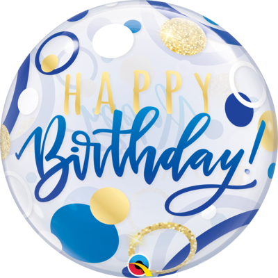 Happy Birthday Blue & Gold Dots Bubble Balloon (22in.) Pk 1 (1 BALLOON ONLY)