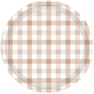 White Sand Gingham Round Paper Plates 17cm (Pk 8)