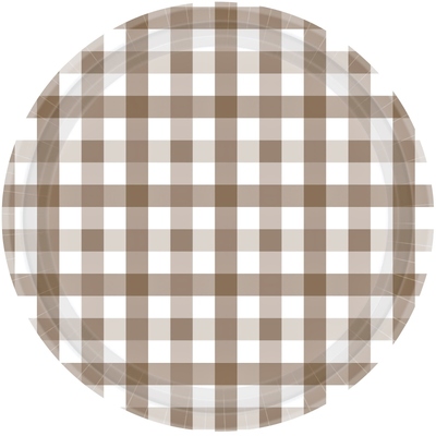 Teddy Brown Gingham Round Paper Plates 17cm (Pk 8)