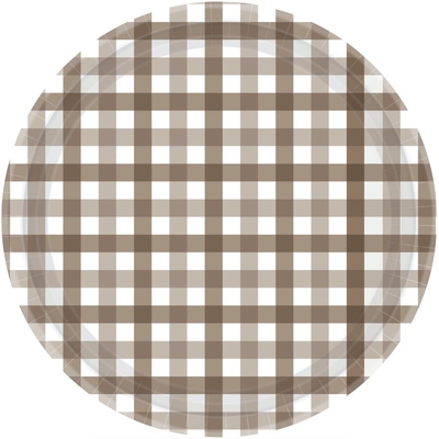Teddy Brown Gingham Round Paper Plates 23cm (Pk 8)