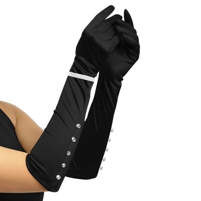 Long Black Rhinestone Gloves with Bracelet 1 Pair