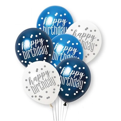 Blue White Happy Birthday 30cm Latex Balloons Pk 6
