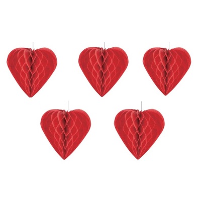 Red Honeycomb Heart Hanging Decorations 20cm (Pk 5)
