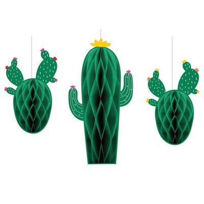 Mexican Fiesta Cactus Hanging Honeycomb Decorations (Pk 3)