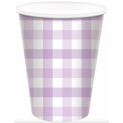 Pastel Purple Gingham Paper Cups 9oz/266ml Pk 8
