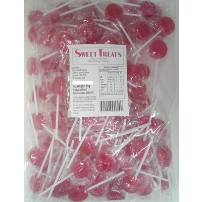 Flat Pink Strawberry Flavour Lollipops 1kg (Approx. 125 Lollipops) 