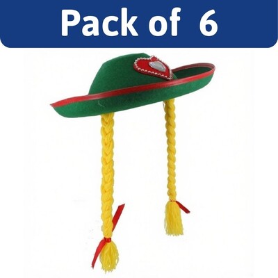 Green German Oktoberfest Beer Girl Waitress Hat with Yellow Plaits Pack of 6 | Bavarian Costume Accessories