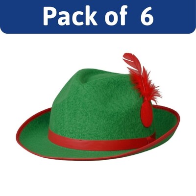 Oktoberfest German Bavarian Hat Green & Red with Feather Pack of 6 | Adult Costume Hats